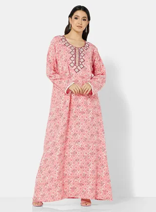 FLORAL PRINTED JALABIYA WITH UNIQUE THREAD EMBROIDERY 