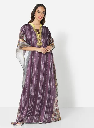 SATIN SILK STRIPE PRINT WITH FLORAL BORDER FARASHA KAFTAN JALABIYA WITH HIGH NECK COLLAR 