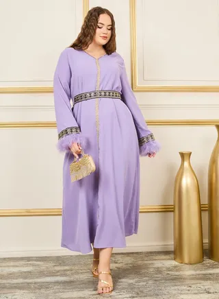 Plus Faux Feather Trim Embroidered Lace Belted Jalabiya 