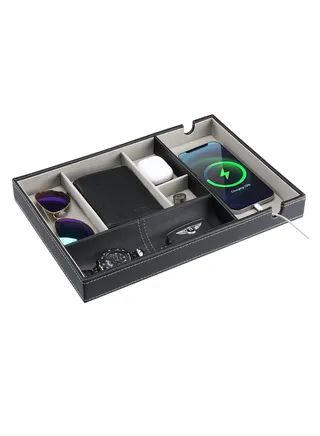 Valet Tray Organizer for Men PU Leather Nightstand Holder with Large Cellphone Charging Station Men’s Storage Box for Wallet Watch Sunglasses Keys Changes Coins Black 