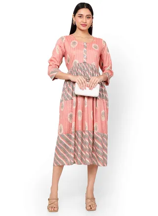 FRONT STYLED BUTTONED SOFT VISCOSE PEACH COLOUR SHORT PRINTED CASUAL ARABIC KAFTAN JALABIYA DRESS 