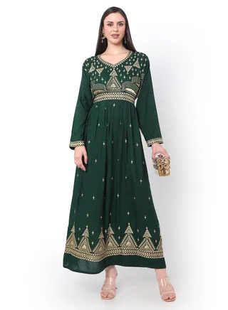 MODEST THICK EMBRODERED WITH LONG SLEEVES AND BELT GREEN HIGH QUALITY STYLISH ARABIC KAFTAN JALABIYA DRESS 