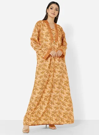 FLORAL PRINTED JALABIYA WITH UNIQUE THREAD EMBROIDERY 