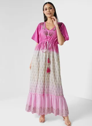 Color Block Embroidered Belted Jalabiya 