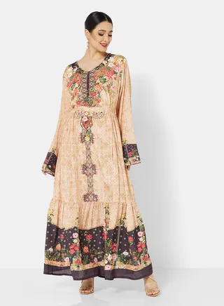 DIGITAL PANEL PRINTED SILKY JALABIYA WITH HAND STONE WORK 