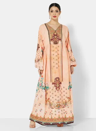 DIGITAL PANEL PRINTED SILKY JALABIYA WITH HAND STONE WORK 