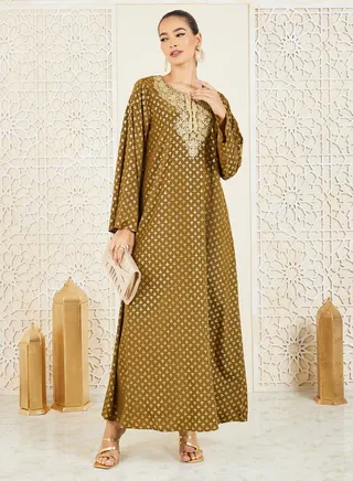 Foil Print Embroidered Lace Detail Neck Jalabiya 