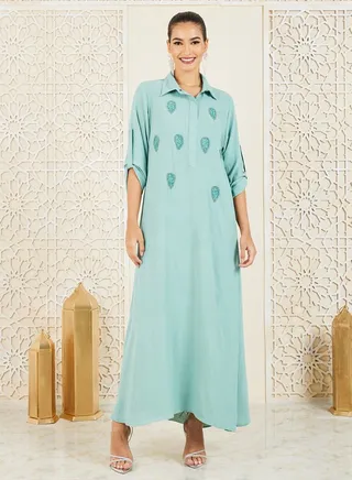 Hand Embroidered Collared Jalabiya with sleeve details 