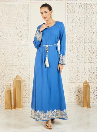 Embroidered Lace Trim Detail Jalabiya with Self Tie Up 