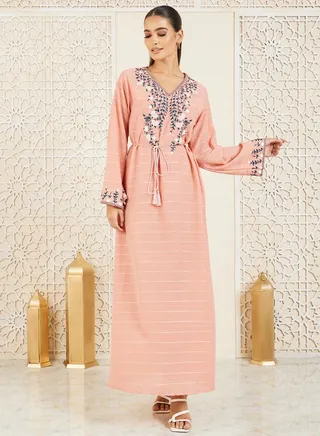 Embroidered Textured Jalabiya with Tie Up Cord 