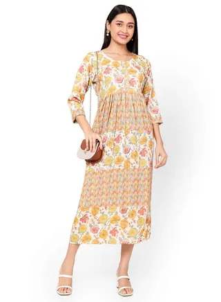 MULTICOLOUR FLORAL AND SMALL STRIP PRINTED WITH STYLED BUTTONED ON FRONT ARABIC KAFTAN JALABIYA DRESS 