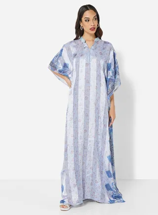 SATIN SILK STRIPE PRINT CRYSTAL HANDWORK FARASHA KAFTAN JALABIYA WITH HIGH NECK COLLAR 