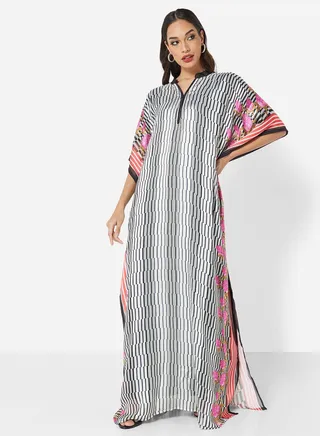 SATIN SILK STRIPE PRINT WITH FLORAL BORDER FARASHA KAFTAN JALABIYA WITH HIGH NECK COLLAR 
