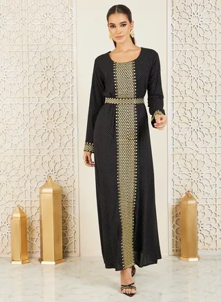 Embroidered Spot Print Belted Jalabiya 