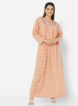 FLORAL PRINTED JALABIYA WITH UNIQUE THREAD EMBROIDERY 