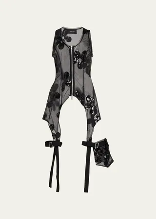 Flower-Sequin Zip-Front Mesh Bodysuit With Suspender-Straps