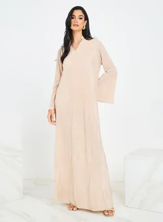 Notch Neck Plisse Jalabiya with Bell Sleeve 