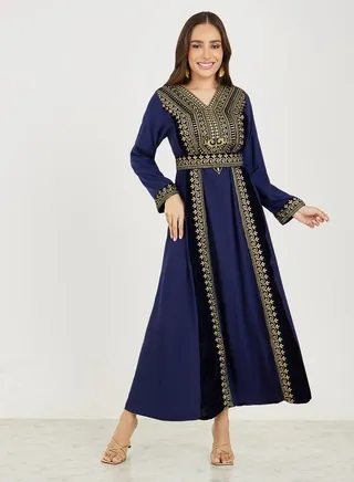Embroidered Jalabiya with V Neck 