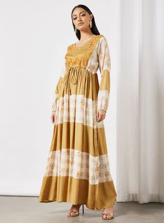 Drawstring Waist Embroidered Jalabiya 