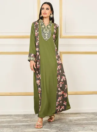 Embroidered Collared Neck Side Printed Jalabiya 