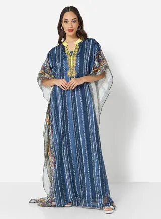 SATIN SILK STRIPE PRINT WITH FLORAL BORDER FARASHA KAFTAN JALABIYA WITH HIGH NECK COLLAR 