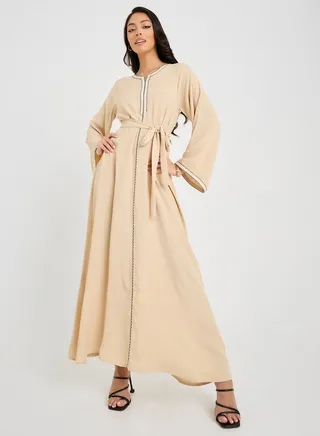 Embroidered Trim Jalabiya with Tie Belt 