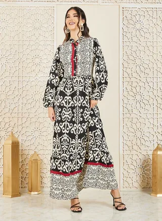 Mandarin Collar Front Button Printed Jalabiya