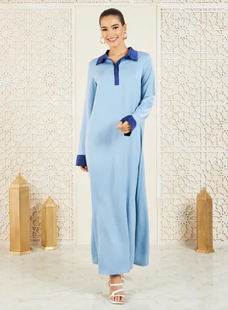 Contrast Cuff Collared Satin Jalabiya 