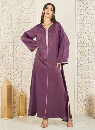 Lace Trim Detail Jalabiya with Side Slit 