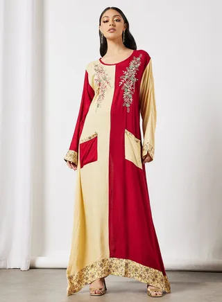 Colour Block Embroidered Jalabiya 