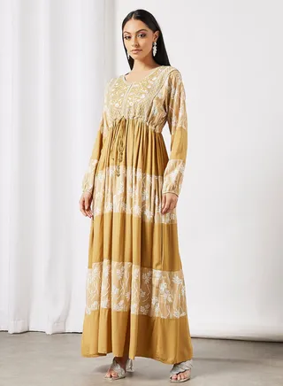 Drawstring Waist Floral Embroidered Jalabiya 