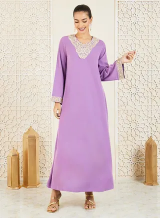 Embroidered Lace Trim Jalabiya 