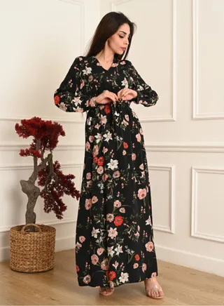 Floral Elegant Maxi  Jalabiya  with a tie at the waist and long sleeves 
