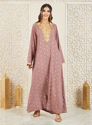 Embroidered Neck Foil Print Jalabiya with Self Tie Up 