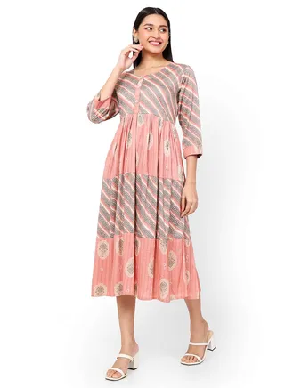 FLORAL AND STRIP PRINTED FRONT STYLED BUTTONED ARABIC KAFTAN JALABIYA DRESS 