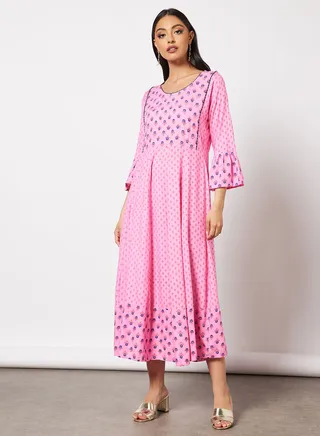 Casual Cotton Printed Round Neck All Over Jalabiya With Facemask For Women 