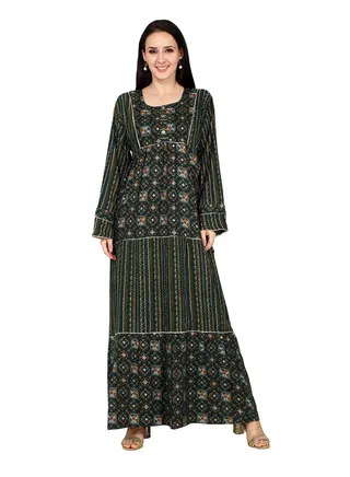 ELEGANT UNIQUE PRINTED LONG SLEEVE STYLISH ARABIC KAFTAN JALABIYA DRESS 