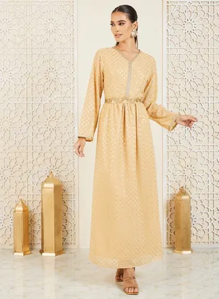Lace Trim Foil Print Jalabiya with Embroidered Self Tie Up 