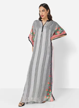 SATIN SILK STRIPE PRINT WITH FLORAL BORDER FARASHA KAFTAN JALABIYA WITH HIGH NECK COLLAR 