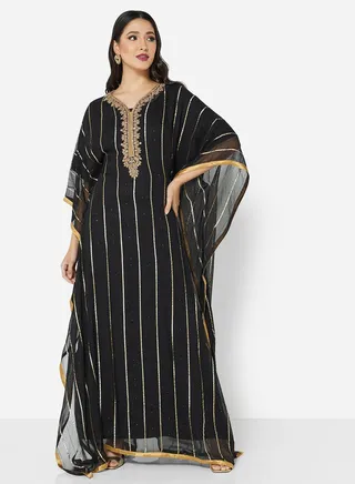 SHINY CHIFFON FABRIC WITH GOLD CRYSTAL STONE BEADING FARASHA JALABIYA 