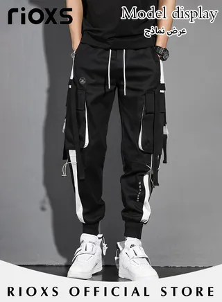 Men's Fashion Characteristic Street Cargo Pants Teens Elastic Waist Downstring Jogger Pants With Multi Pockets and Ribbons 