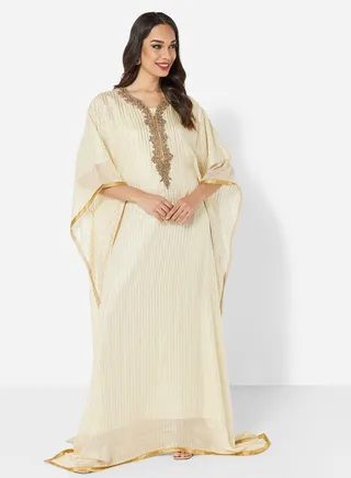 SHINY CHIFFON FABRIC WITH GOLD CRYSTAL STONE BEADING FARASHA JALABIYA 