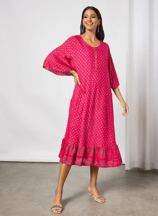 Button Detail Printed Jalabiya 