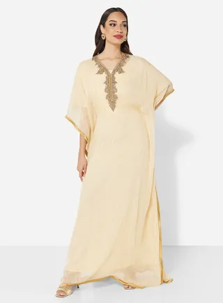 SHINY CHIFFON FABRIC WITH GOLD CRYSTAL STONE BEADING FARASHA JALABIYA 