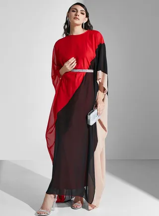 Color Block Belted Jalabiya 