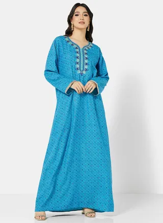 FLORAL PRINTED JALABIYA WITH UNIQUE THREAD EMBROIDERY 