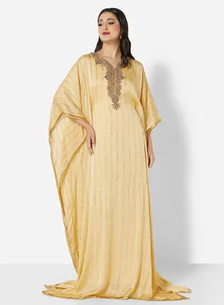 SHINY CHIFFON FABRIC WITH GOLD CRYSTAL STONE BEADING FARASHA JALABIYA 