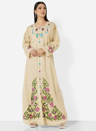 HIGH QUALITY SLUB RAYON JALBIYA WITH MULTICOLOR THICK MOROCAN THREAD EMBROIDERY 