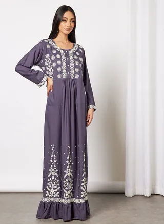 Casual Embroidered Round Neck Jalabiya With Facemask For Women 