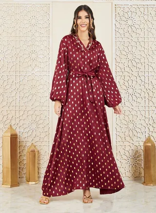Foil Print Embroidered Lace Neck Jalabiya 